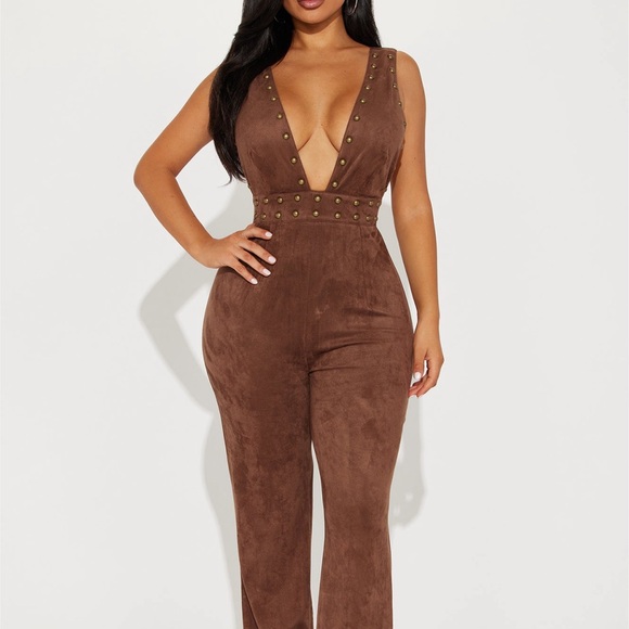 Fashion Nova Pants - Fashion Nova Deep V Brown Jumpsuit